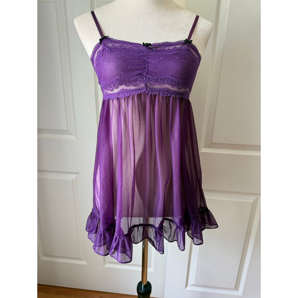 Betsey Johnson Intimates Purple Sheer‎ Lace Babydoll Dress Lingerie Size Small